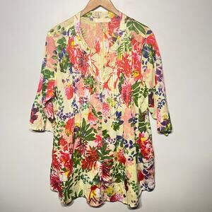 La Cera Tunic Colorful Floral Pinch Pleat Vacation Spring Cotton Cottage 2X